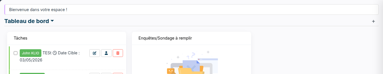 Tableau de bord avec une annonce en haut qui affiche seulement son message
