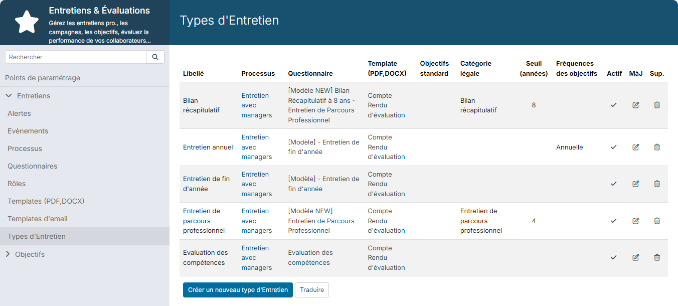 Liste des types d'entretien avec les colonnes Catégorie légale et Seuil (années)