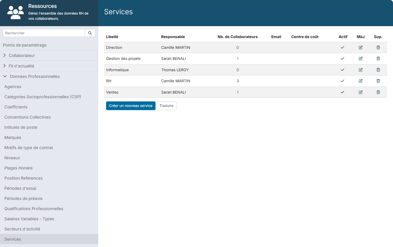 Paramétrage du module Ressources, liste des services