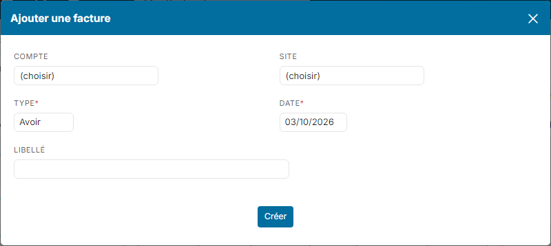 Window to add an invoice with the credit note type