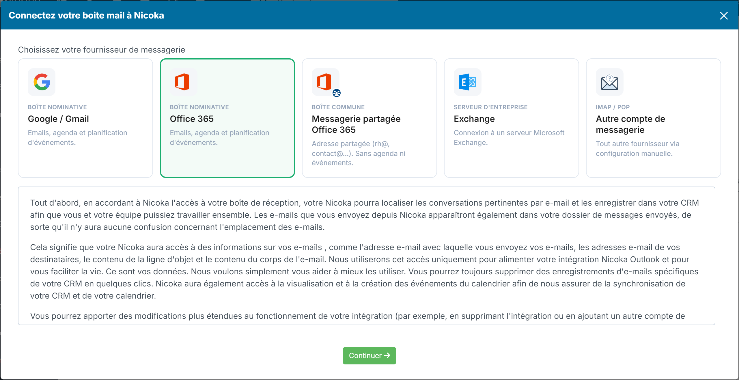 Email provider selection window