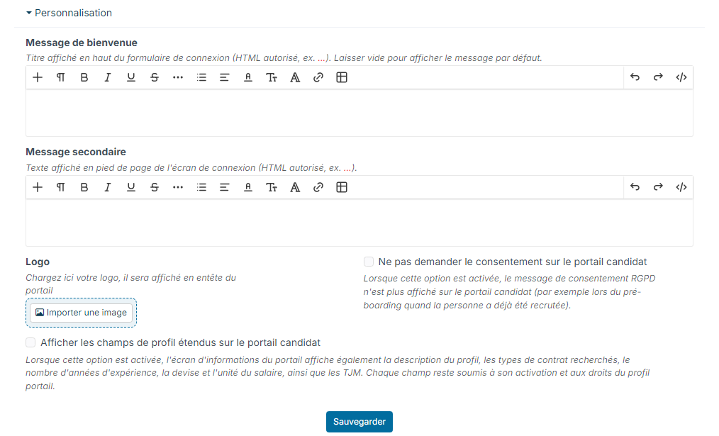 Section Personnalisation des points de paramétrage du portail candidat