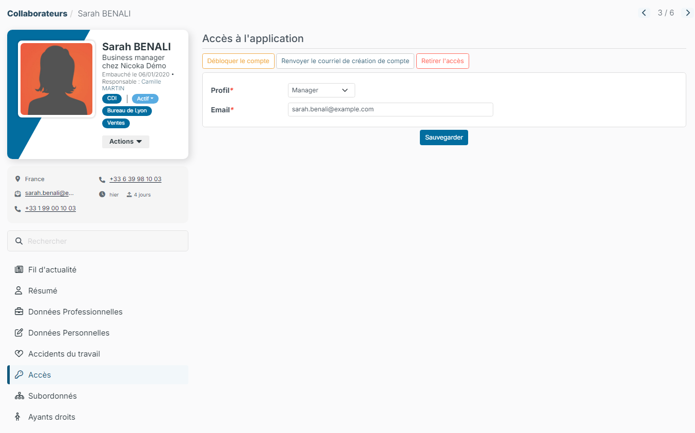 Access section of Sarah BENALI's record with the Unlock Account button