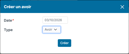 Credit note creation window with the date and the credit note type