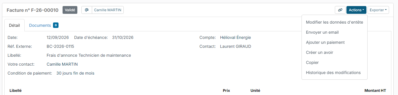 Actions menu of a validated invoice with the credit note entry