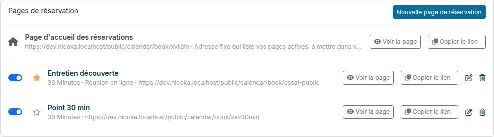 Onglet Pages de réservation : la page d'accueil en tête, puis chaque page avec son interrupteur, son étoile, Voir la page et Copier le lien