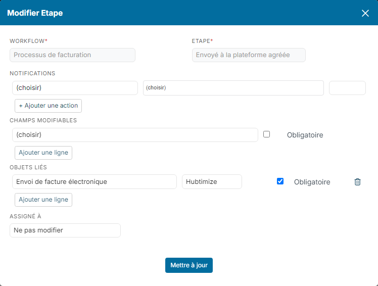 Step window: Send electronic invoice linked object with the Hubtimize provider