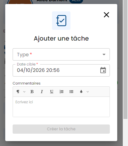 Fenêtre Ajouter une tâche : type, date cible et commentaires