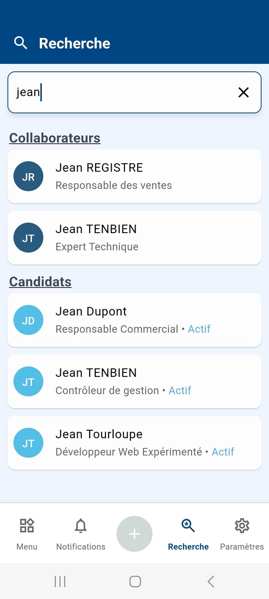 Search for "jean": results grouped by employees and candidates