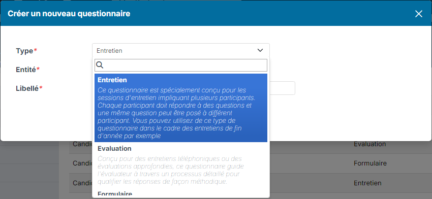 Questionnaire creation window with the list of types