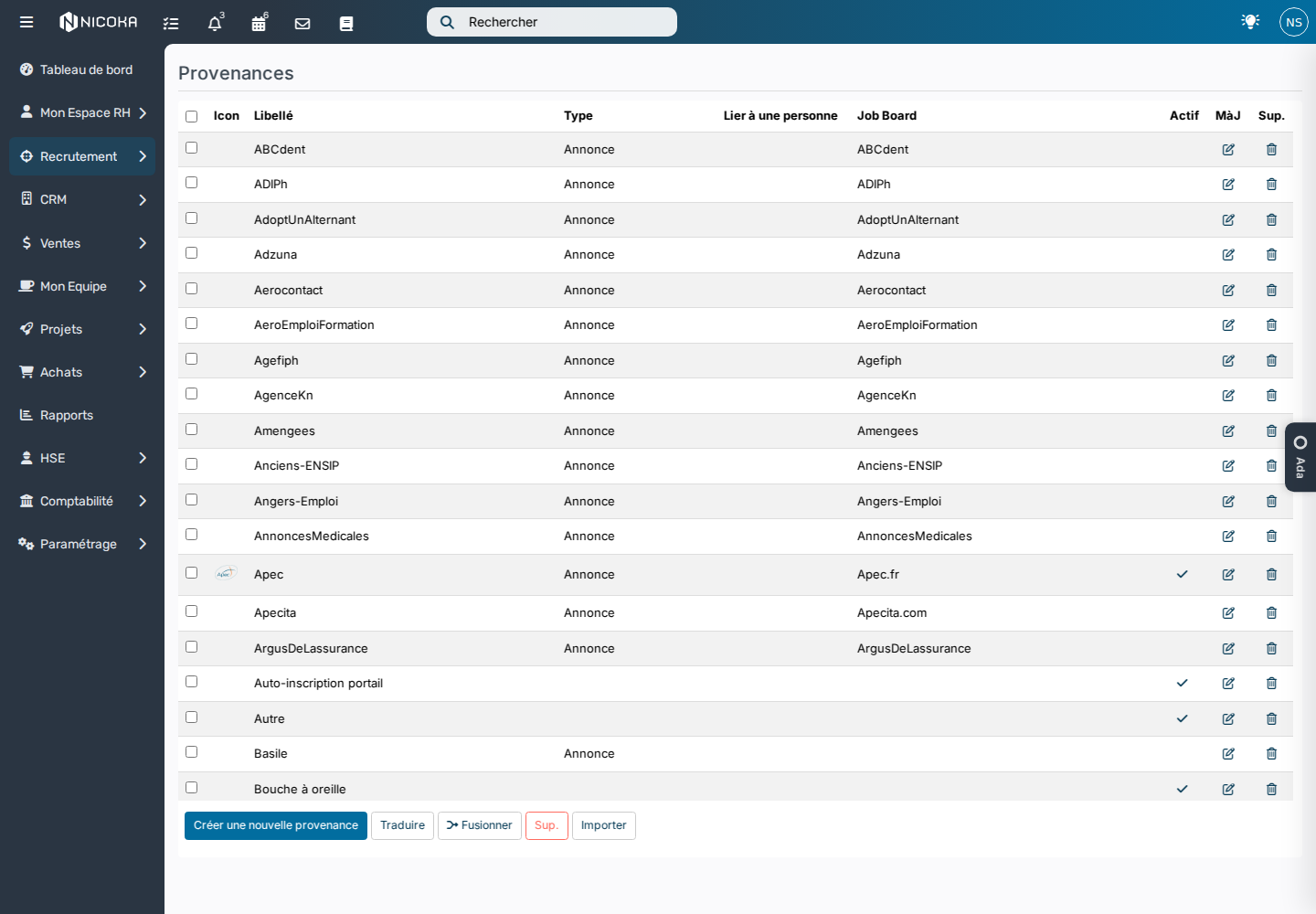 Liste des provenances du paramétrage de l'ATS