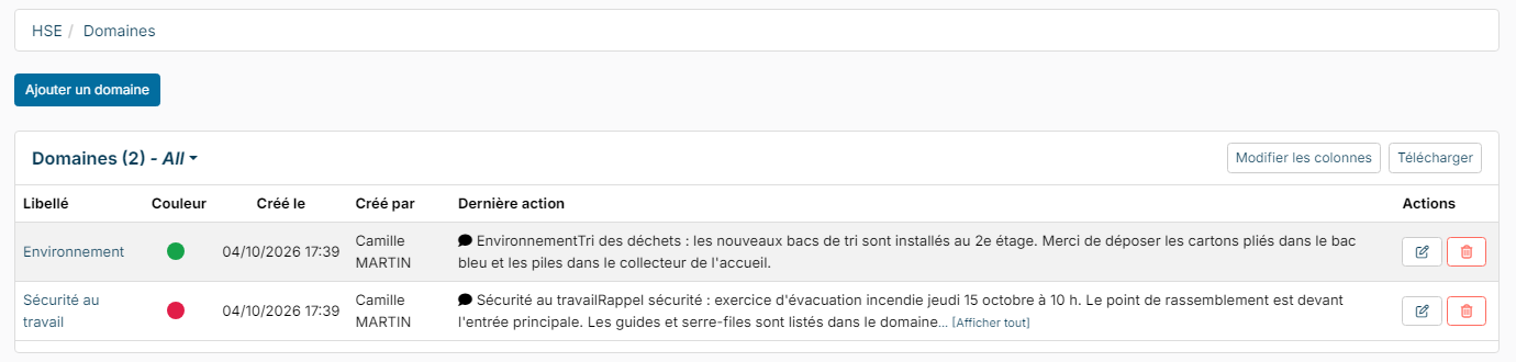 Liste des domaines HSE Environnement et Sécurité au travail, avec leur couleur et leur dernière publication