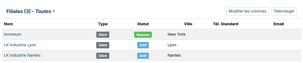 Rubrique Filiales du compte du groupe : la liste de ses établissements