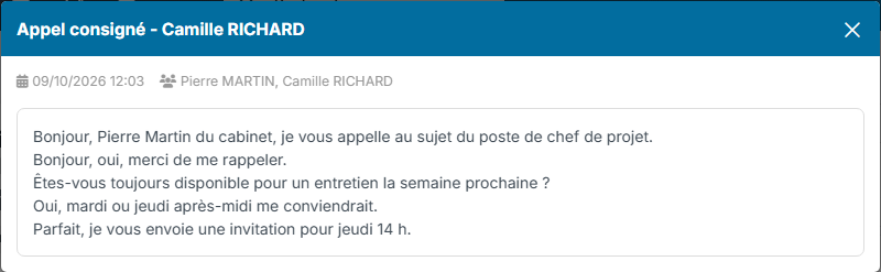 Fenêtre de la transcription complète d'un appel, avec la date et les participants