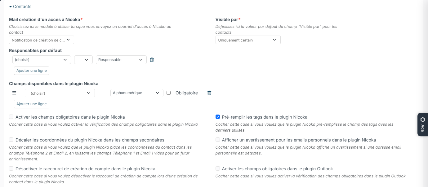 Points de paramétrage du module CRM, section Contacts : options du plugin Nicoka