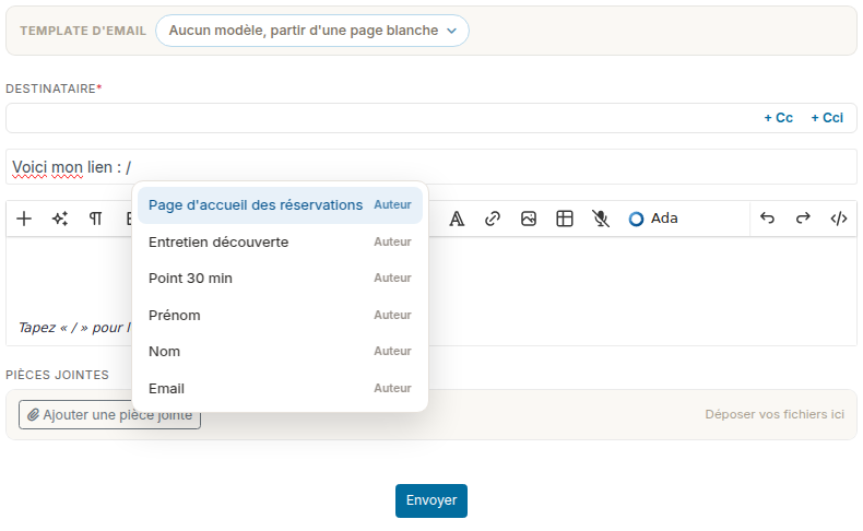 Menu « / » d'un nouveau message : la page d'accueil des réservations et les pages actives en tête