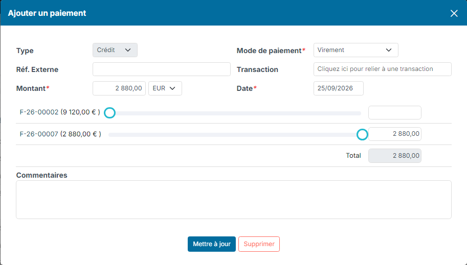 Fenêtre du paiement avec le champ Transaction à renseigner et le bouton Mettre à jour