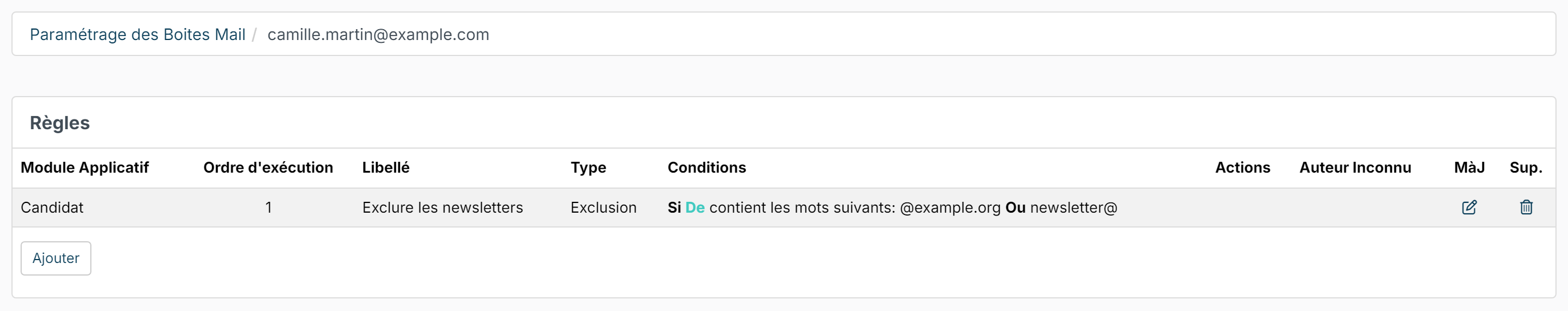 Liste des règles de la boîte mail