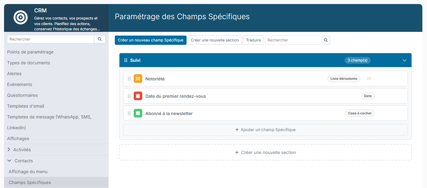 Custom field settings for contacts with the Suivi section and its three fields