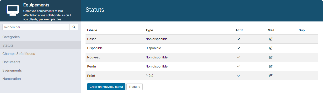 Assets module settings, Statuses section