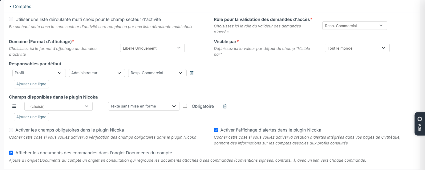 Points de paramétrage du module CRM, section Comptes : option Activer l'affichage d'alertes dans le plugin Nicoka