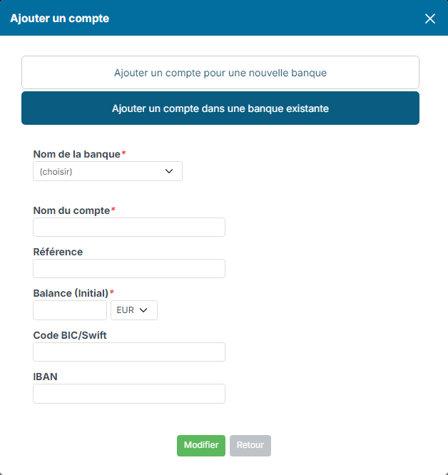 Ajout d'un compte dans une banque existante : choix de la banque puis informations du compte