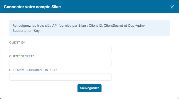 Fenêtre Connecter votre compte Silae, champs vides