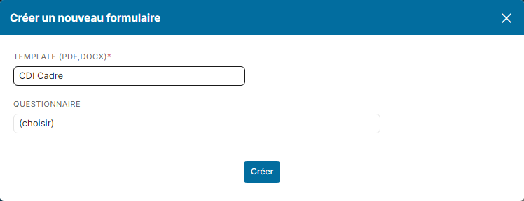 Create a new form window with the contract template selected