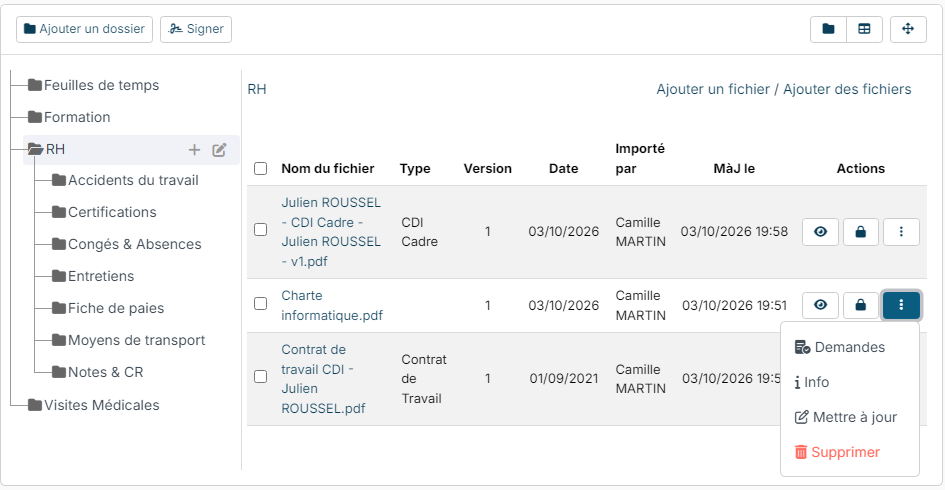 Employee documents, HR folder, line menu with Requests, Info, Update and Delete