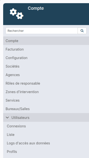 Administration, menu Utilisateurs déplié : entrée Liste