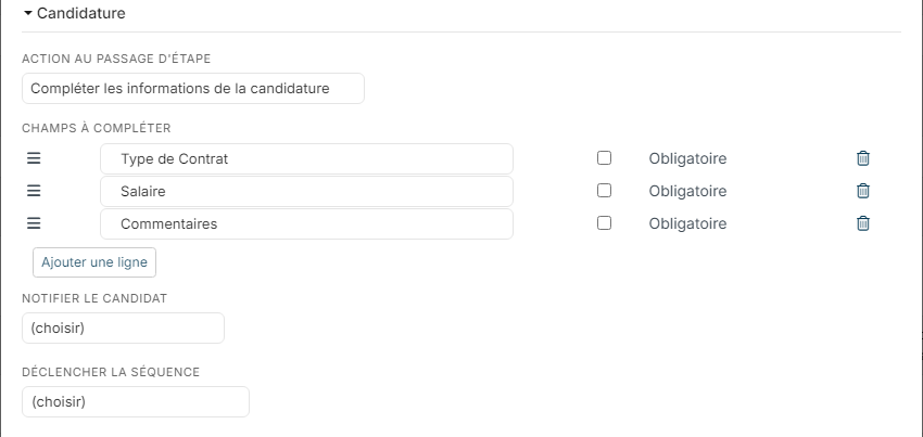 Section Candidature avec Compléter les informations de la candidature et la liste des champs à compléter