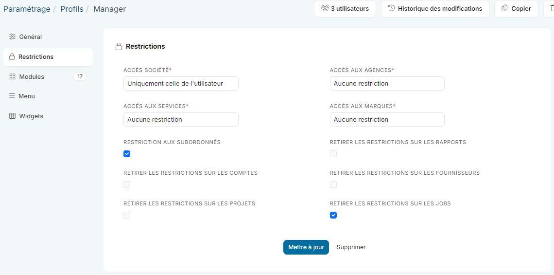 Restrictions tab of the Manager profile with the Hierarchy Restriction box checked