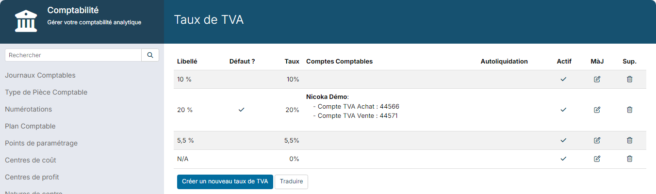 Liste des taux de TVA : le taux de 20 % porte un compte TVA Achat et un compte TVA Vente