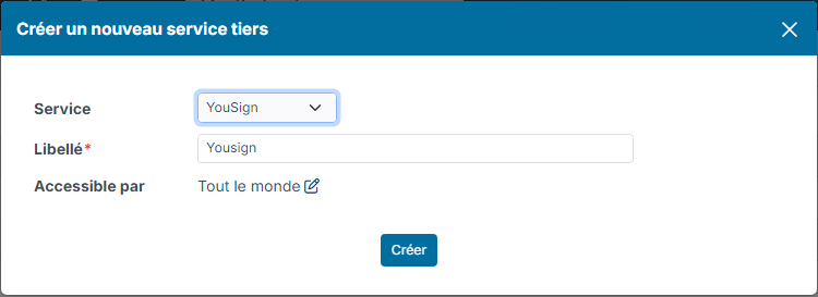 Create a new third party service window with the YouSign service