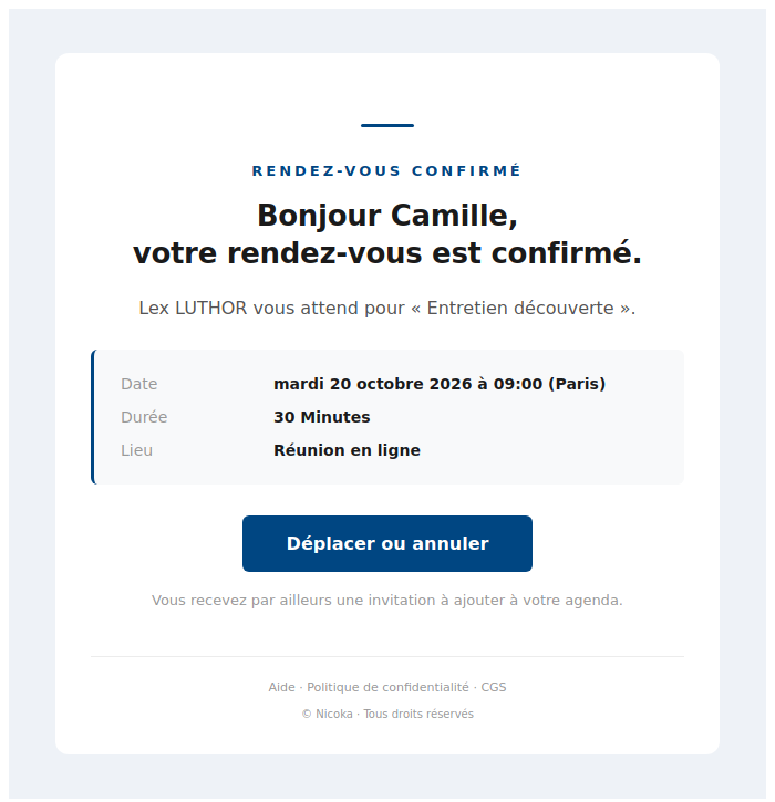 Email Rendez-vous confirmé reçu par l'invité, avec le bouton Déplacer ou annuler