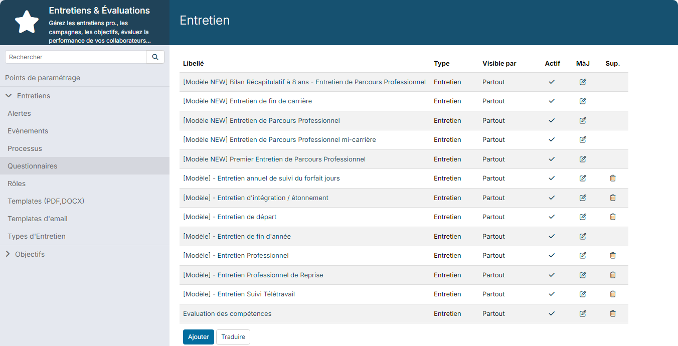 Liste des questionnaires d'entretien, dont les modèles du parcours professionnel