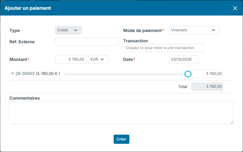 Add a payment window, prefilled with the amount left to pay