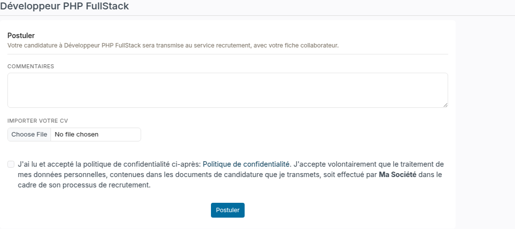 Page Postuler avec un commentaire, l'import du CV et l'acceptation de la politique de confidentialité