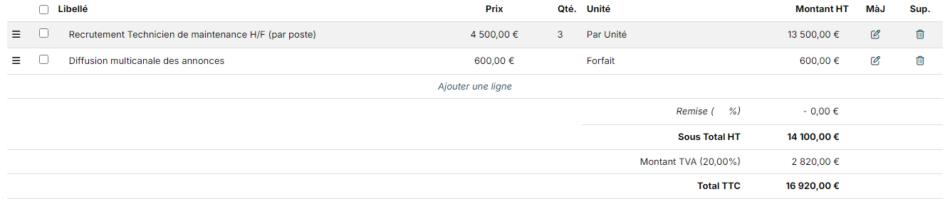 Lines of a quotation with their price, quantity and unit