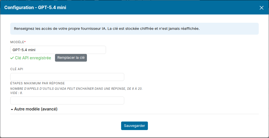 Fenêtre de configuration : Clé API enregistrée et bouton Remplacer la clé