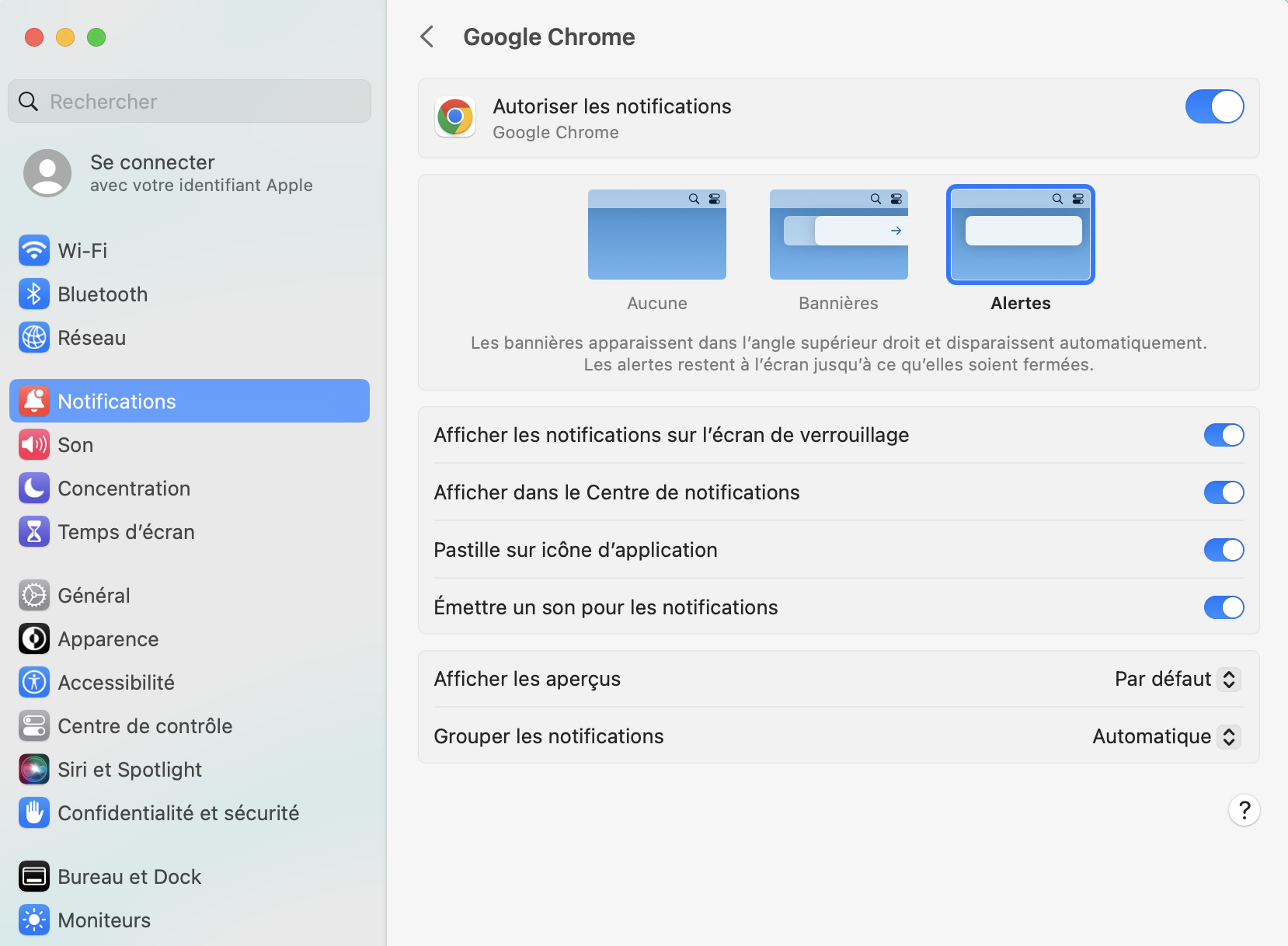 macOS System Settings, Google Chrome notifications allowed