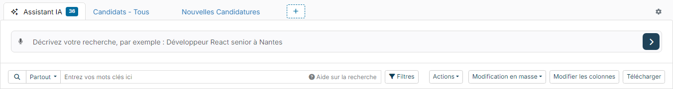 Onglet Assistant IA de la liste des candidats avec sa zone de description