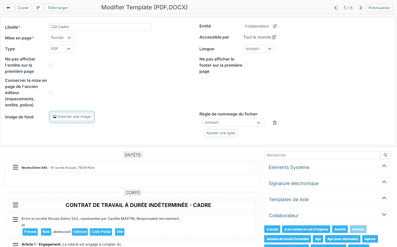 Template editor: settings of the template, header, body and data palette on the right