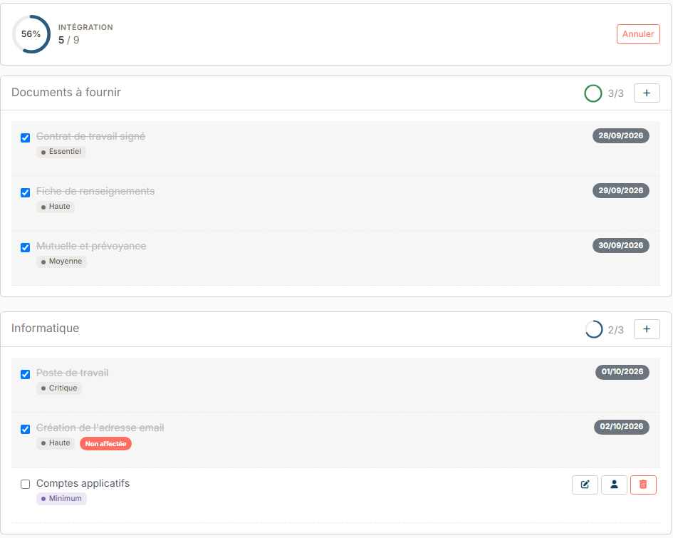 Onboarding section of an employee: checklist at 56%, 5 tasks out of 9
