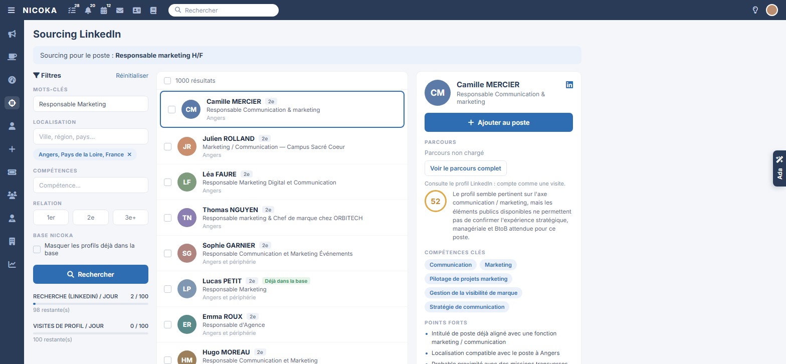 Écran de sourcing LinkedIn dans Nicoka CABS : filtres, résultats, badge Déjà dans la base et analyse du profil