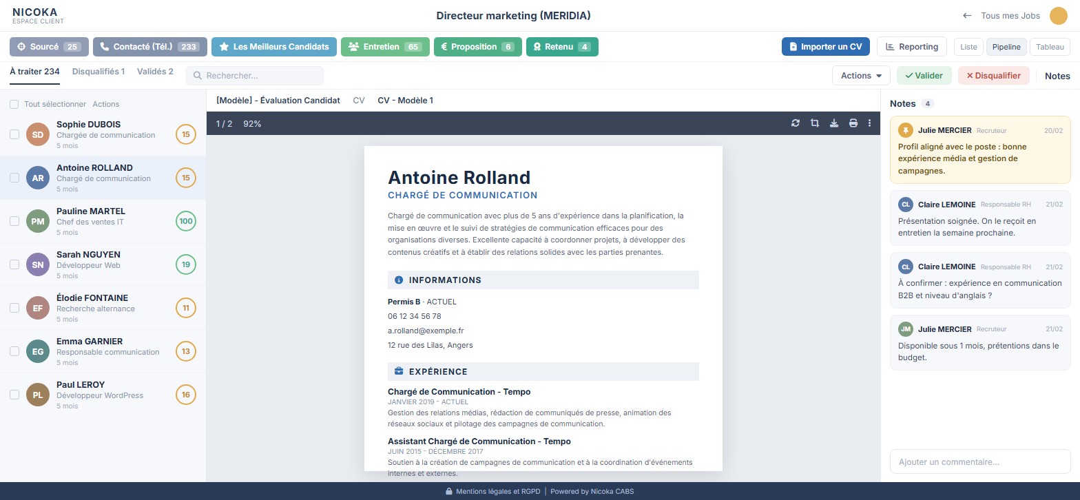 Espace client Nicoka CABS : liste des candidats présentés, CV affiché et notes de l'équipe