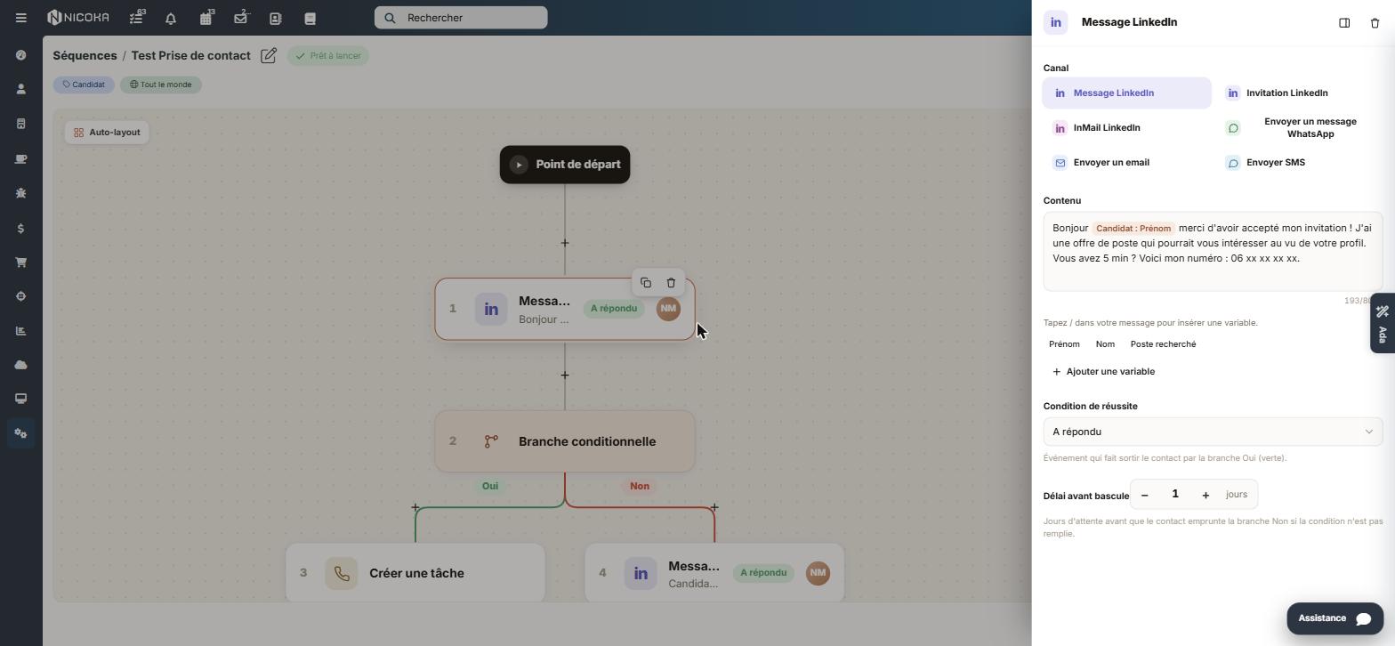 Éditeur de séquence multicanale dans Nicoka CABS : scénario visuel et composer LinkedIn, InMail, WhatsApp, e-mail et SMS avec variables.