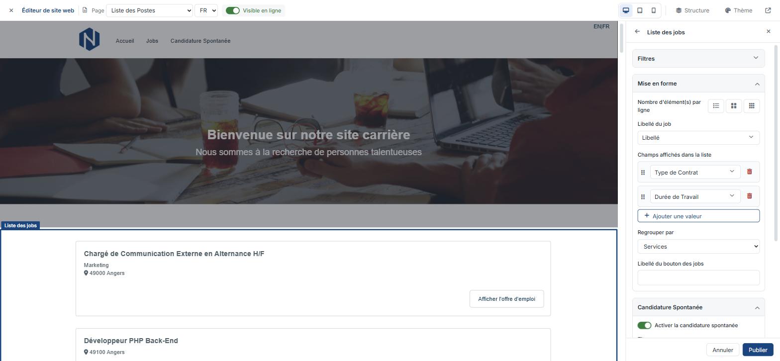 Nicoka CABS career site editor, with live preview and job listing settings
