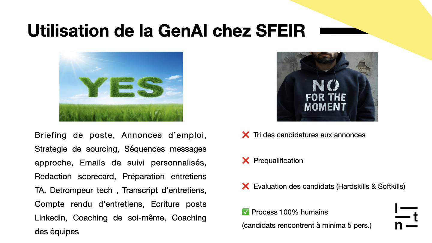 Utilisation de la GenAI chez SFEIR : la génération d’annonces, briefing de poste, stratégie de sourcing, messages d’approche, emails de suivi, scorecards, préparation et transcript d’entretiens, posts LinkedIn et coaching sont assistés par l’IA. En revanche, le tri des candidatures, la préqualification et l’évaluation des candidats restent non automatisés et 100 % humains, avec au moins cinq personnes rencontrées dans le process.