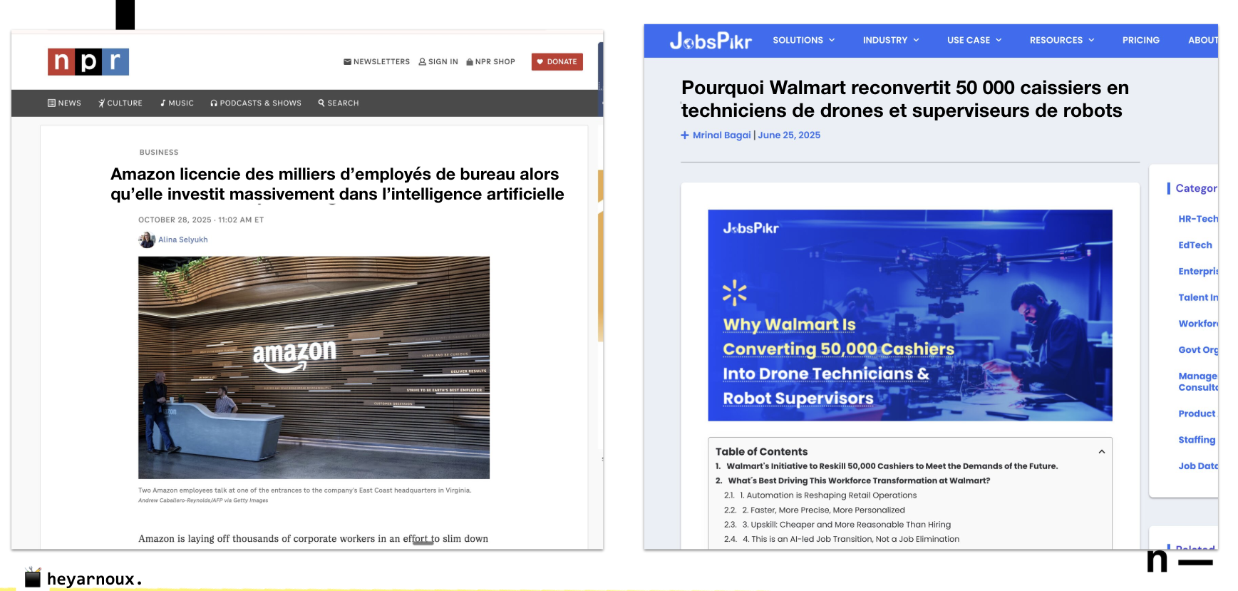 Articles de presse sur l’impact de l’IA dans le travail : un article NPR annonçant des licenciements chez Amazon liés aux investissements en intelligence artificielle, et un article JobsPikr expliquant comment Walmart reconvertit 50 000 caissiers en techniciens de drones et superviseurs de robots.